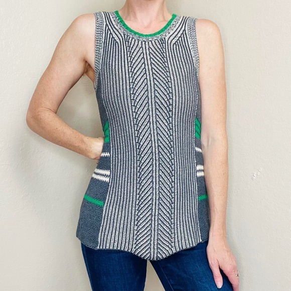 CAbi Tops - Cabi Trident Sweater Tank L Grey Green Herringbone Knit Sleeveless Tunic Vest